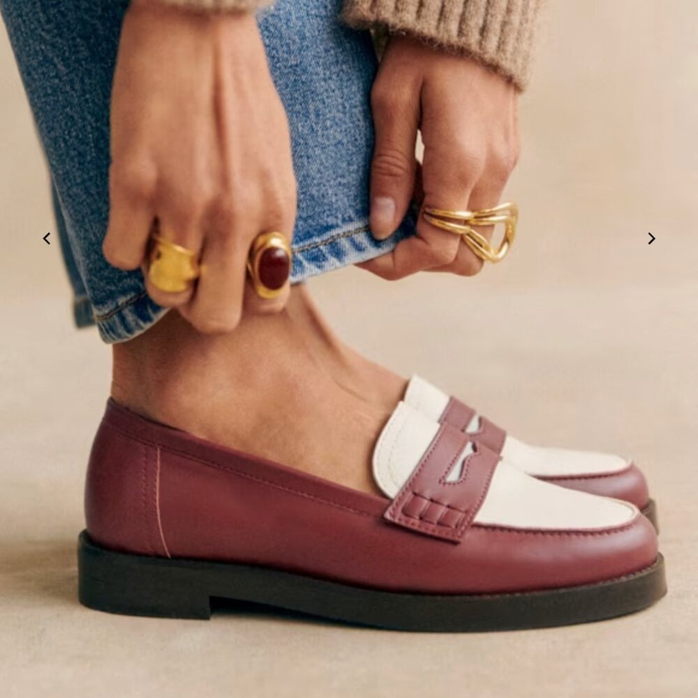 Sezane Two-Tone Burgundy and White Leather Loafers